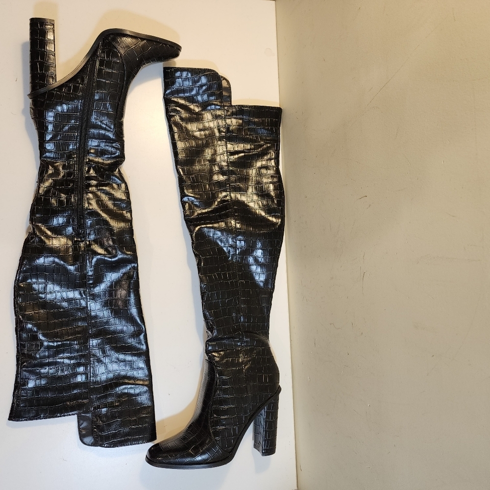 Black Croc-Embossed Over-the-Knee Boots Size 7.5